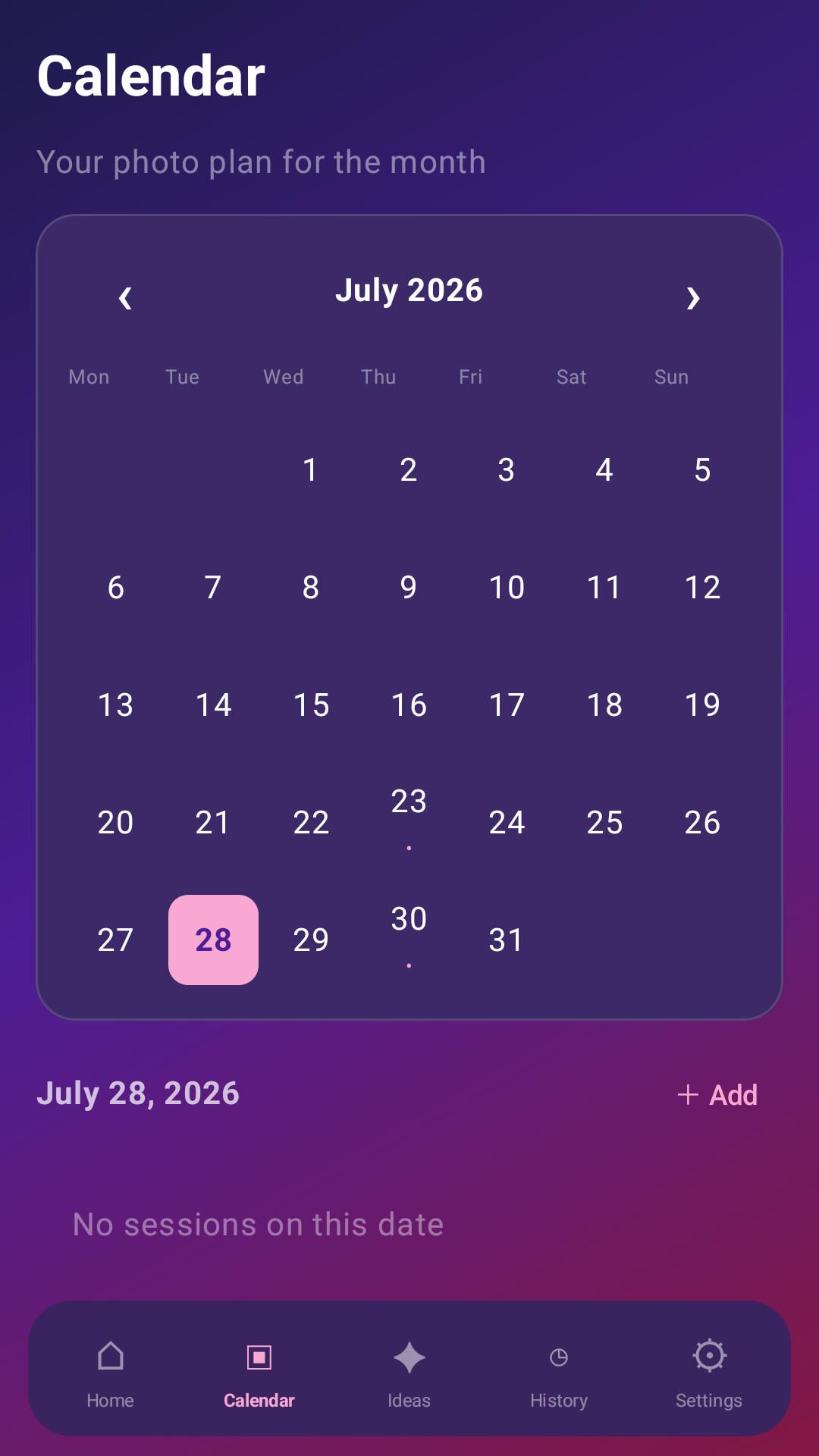 Calendar planning screen