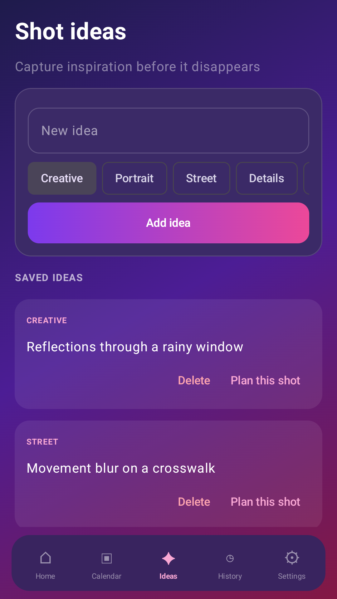Shot ideas screen